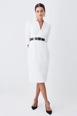 Outlet 😉 Karen Millen Petite Compact Stretch Belted Forever Belted Midi 👗 Dress - ivory 🎉