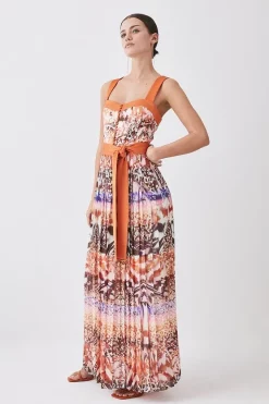 Discount π Karen Millen Petite Top Stitch Pleated Mixed Animal Detail Woven Midi π―