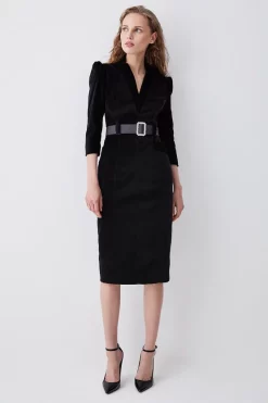 Brand new 👏 Karen Millen Velvet Forever Diamante Belted Pencil Midi 👗 Dress - black 🔔