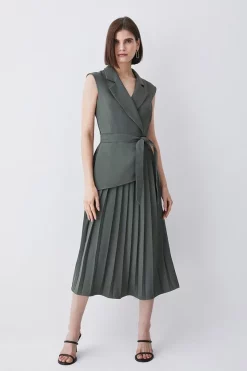 Discount 👏 Karen Millen Tall Military Pleat Sleeveless Midi 👗 Dress - khaki ⭐