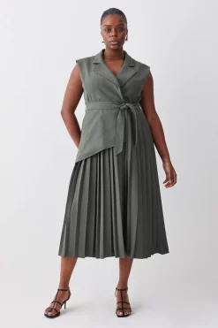 Coupon 🎉 Karen Millen Plus Size Military Pleat Sleeveless Midi 👗 Dress - khaki 💯