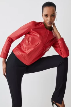 Discount 😀 Karen Millen Leather Collarless Pocket Detail Jacket - red ⭐