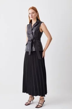 Wholesale ❤️ Karen Millen Leather Sleeveless Wrap Pleat 👗 Skirt Midi 👗 Dress - black 🧨