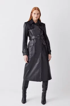 Top 10 🤩 Karen Millen Leather Contrast Panels Belted Midi Trench 🧥 Coat - black 👏
