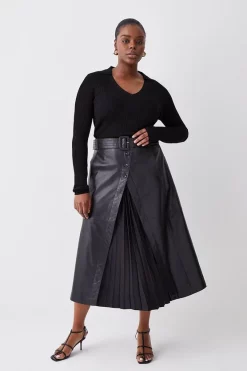 Discount 💯 Karen Millen Plus Size Leather Belted Pleat Detail Midi 👗 Skirt - black 😍