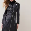 Wholesale 😉 Karen Millen Petite Leather Zip Through Biker Trench 🧥 Coat - black 🥰