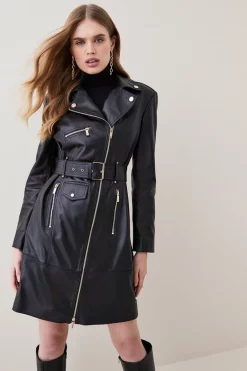 Wholesale π Karen Millen Petite Leather Zip Through Biker Trench π§₯ Coat - black π₯°