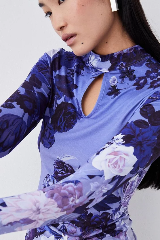 Best deal β¨ Karen Millen Colour Block Floral Viscose Blend Keyhole Jersey Top - blue β¨ - Image 2