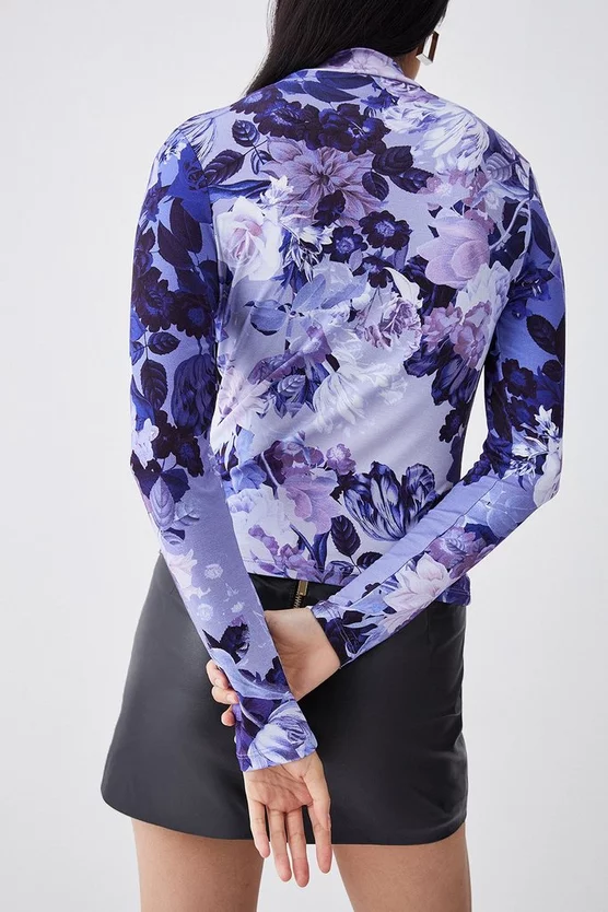 Best deal β¨ Karen Millen Colour Block Floral Viscose Blend Keyhole Jersey Top - blue β¨ - Image 5