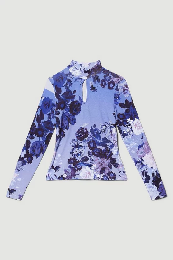 Best deal β¨ Karen Millen Colour Block Floral Viscose Blend Keyhole Jersey Top - blue β¨ - Image 6