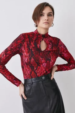New 😉 Karen Millen Snake Print Key Hole Viscose Blend Jersey Top ✨