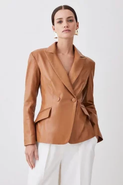 Hot Sale ⭐ Karen Millen Petite Leather Corset Waist Back Tailored Blazer Jacket - camel 🛒