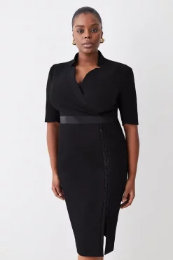 Best Sale 😉 Karen Millen Plus Size Compact Stretch Lace Up Forever Midi 👗 Dress - black ❤️