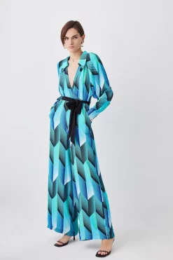 Hot Sale 🔥 Karen Millen Geo Print Belted Woven Jumpsuit - blue 🌟