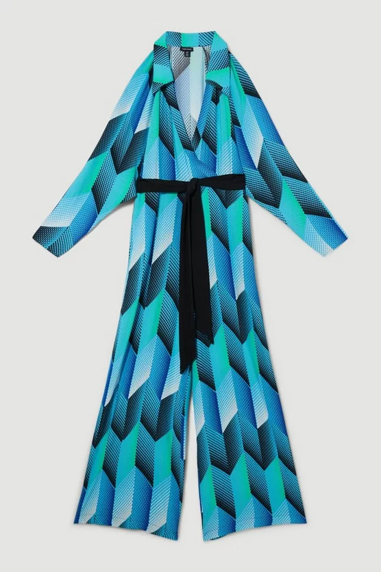 Hot Sale π₯ Karen Millen Geo Print Belted Woven Jumpsuit - blue π - Image 4