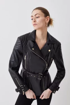 Wholesale π― Karen Millen Leather Contrast Textured Panels Biker Jacket - black β¨
