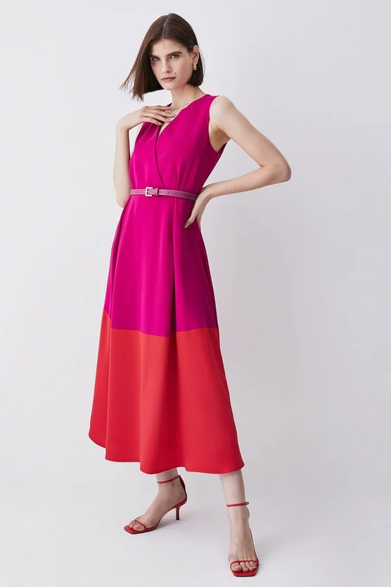 Budget π€© Karen Millen Soft Tailored Full π Skirt Belted Colour Block Midi π Dress π - Image 6