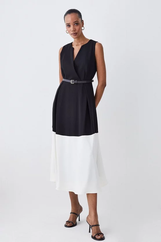 Budget π€© Karen Millen Soft Tailored Full π Skirt Belted Colour Block Midi π Dress π - Image 5