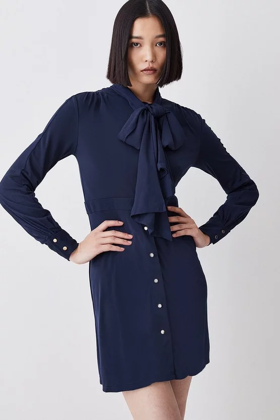 Deals π Karen Millen Button Through Pussy Bow Georgette Jersey π Dress π - Image 7