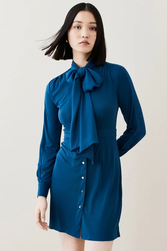 Deals π Karen Millen Button Through Pussy Bow Georgette Jersey π Dress π - Image 6