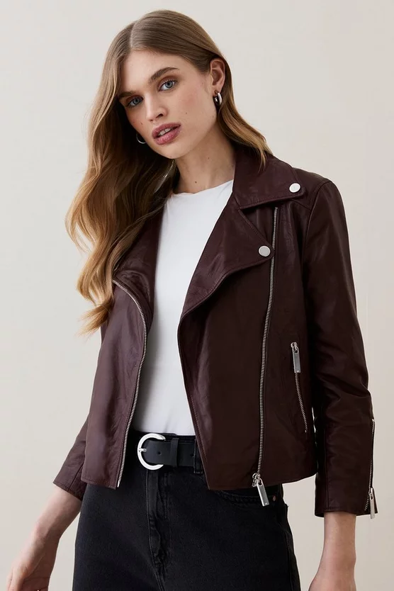 Cheap π₯° Karen Millen Washed Shrunken Leather Biker Jacket π - Image 7