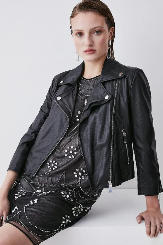 Cheap π₯° Karen Millen Washed Shrunken Leather Biker Jacket π - Image 6