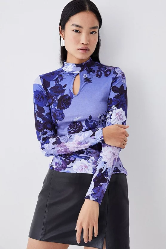 Best deal β¨ Karen Millen Colour Block Floral Viscose Blend Keyhole Jersey Top - blue β¨ - Image 7