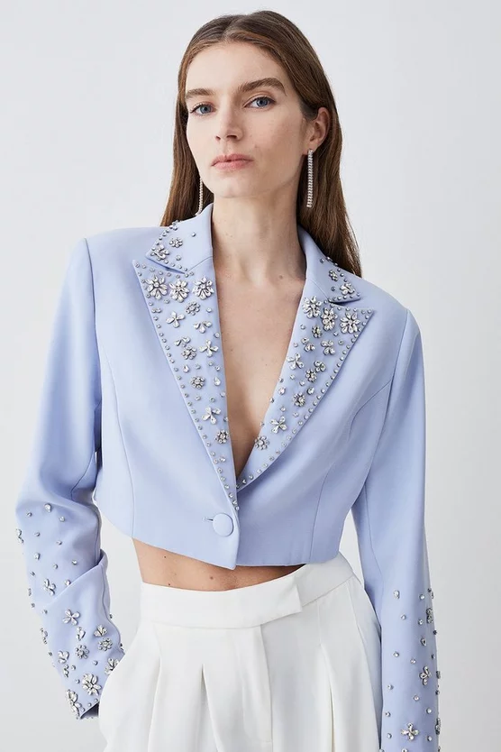 Top 10 🥰 Karen Millen Embellished Stretch Woven Cropped Jacket - blue 🔔 - Image 6