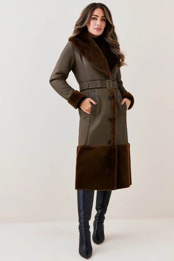 Cheap 🌟 Karen Millen Lydia Millen Shearling And Leather Shawl Collar Belted 🧥 Coat - dark olive 😉 - Image 6