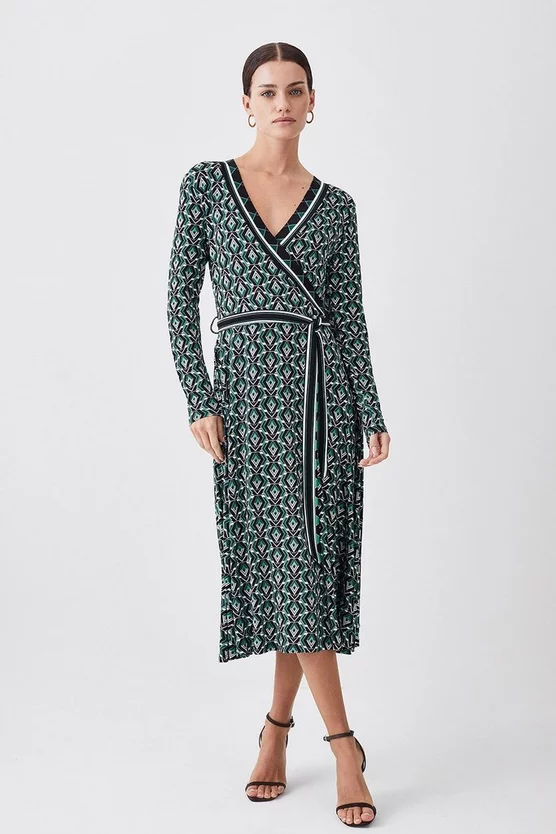 Hot Sale β€οΈ Karen Millen Petite Wrap Front Viscose Blend Jersey Midi π Dress - geo π - Image 6