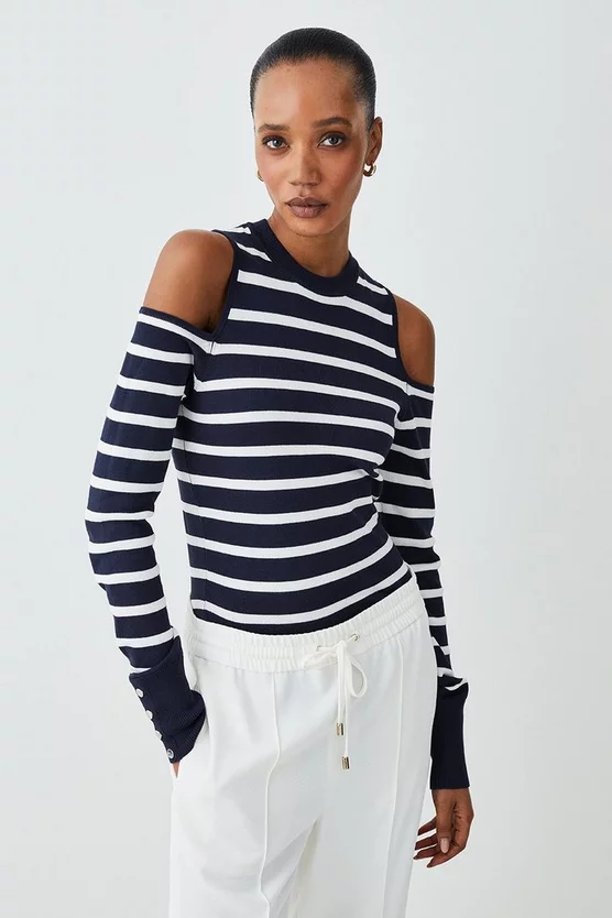 Best reviews of π Karen Millen Viscose Blend Knit Cut Out Stripe Jumper - navy π - Image 6