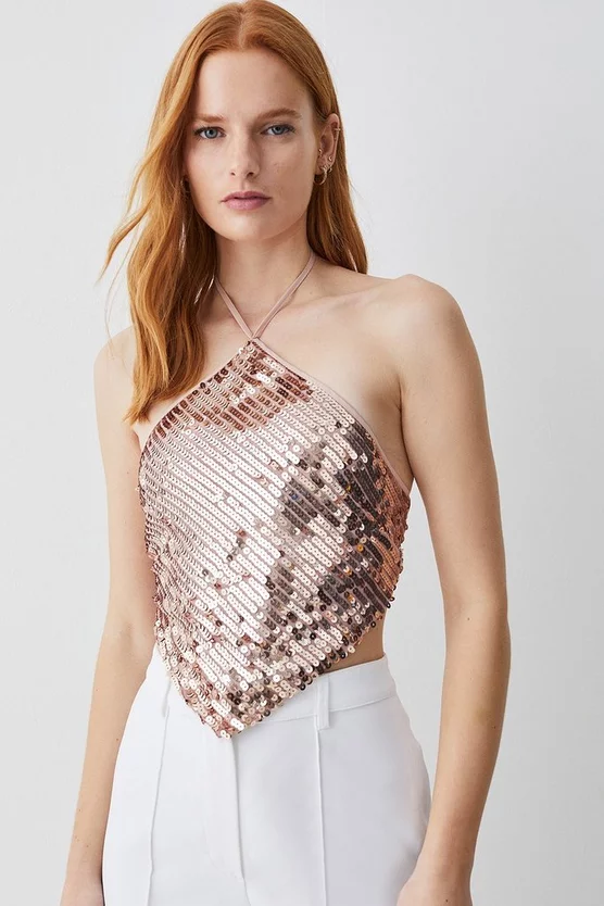 Hot Sale π Karen Millen Liquid Sequin Hanky Woven Halter Top - rose gold π - Image 6